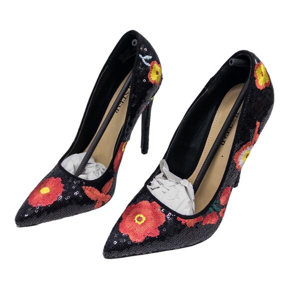 JustFab Black Sequin Red Floral Embroidered Pointed Toe Stiletto High Heels 6 - Picture 3 of 14